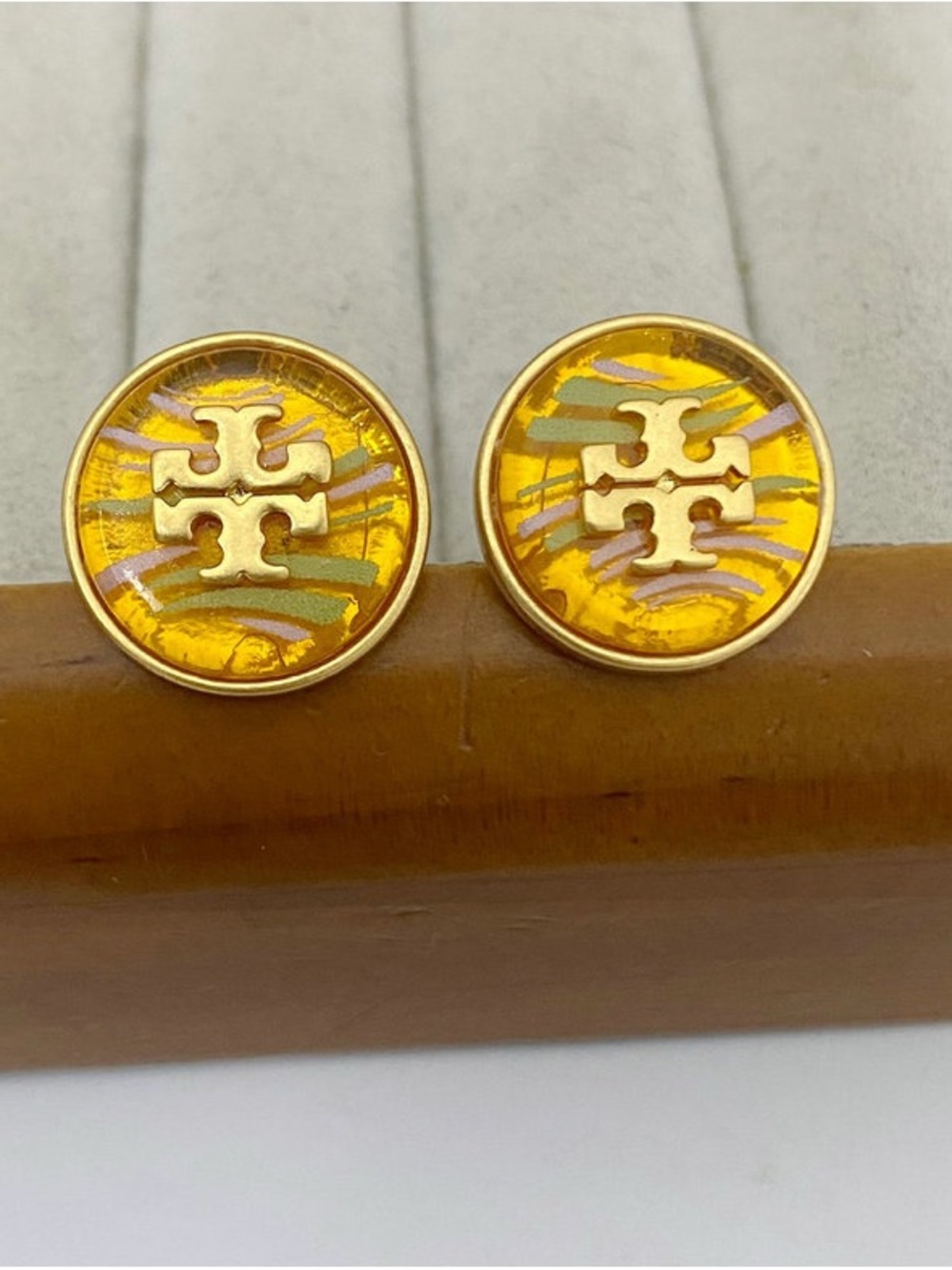 Tory Burch Gold-Tone Logo Round Studs with Yellow Enamel and Multicolor Accents